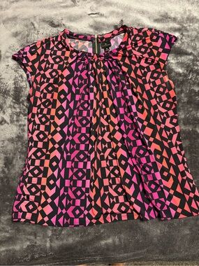 Anne Klein Black Geometric Blouse with Pink and Coral Accents